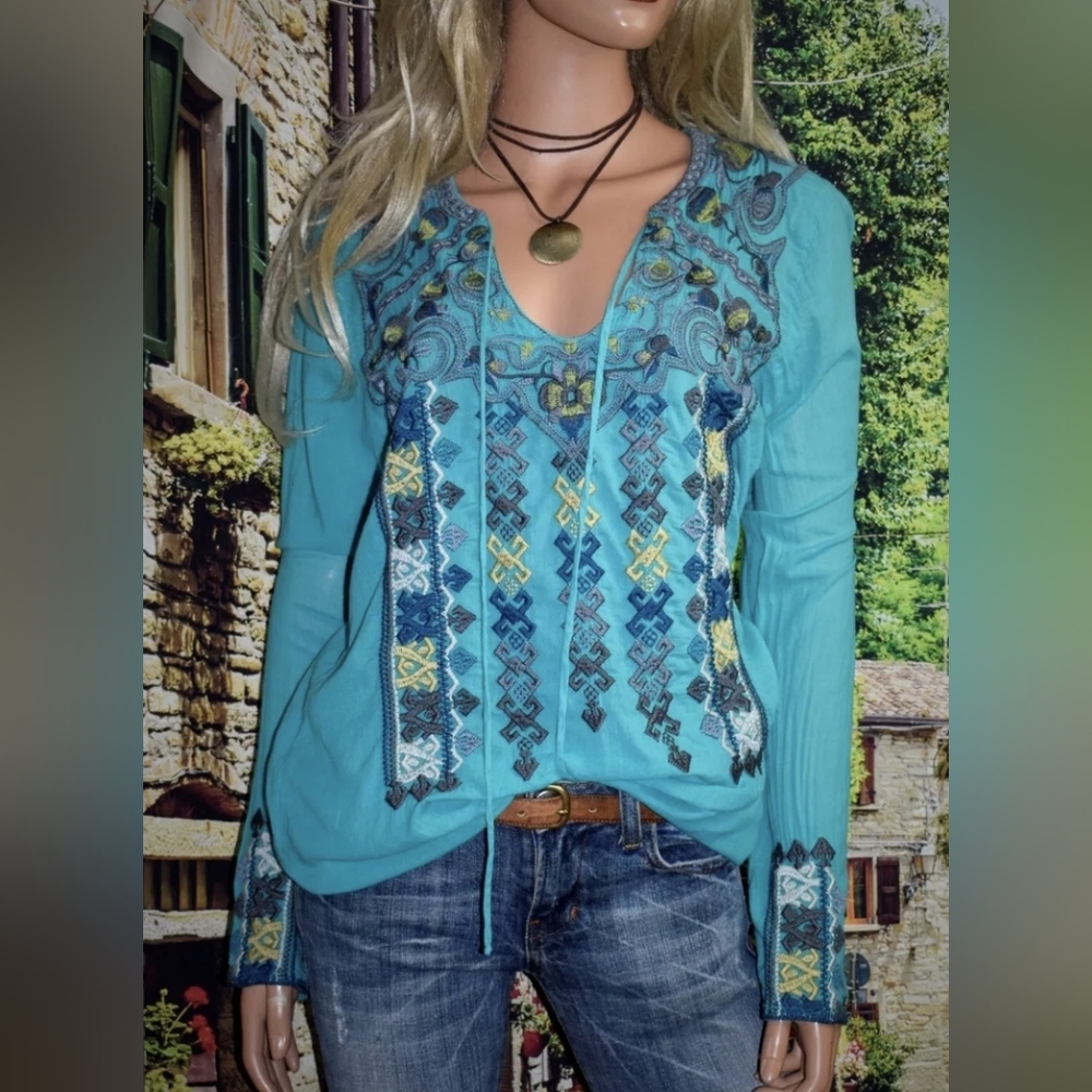 Johnny Was x Sundance Mila Embroidered Tunic Blouse Teal Blue Size Large EUC